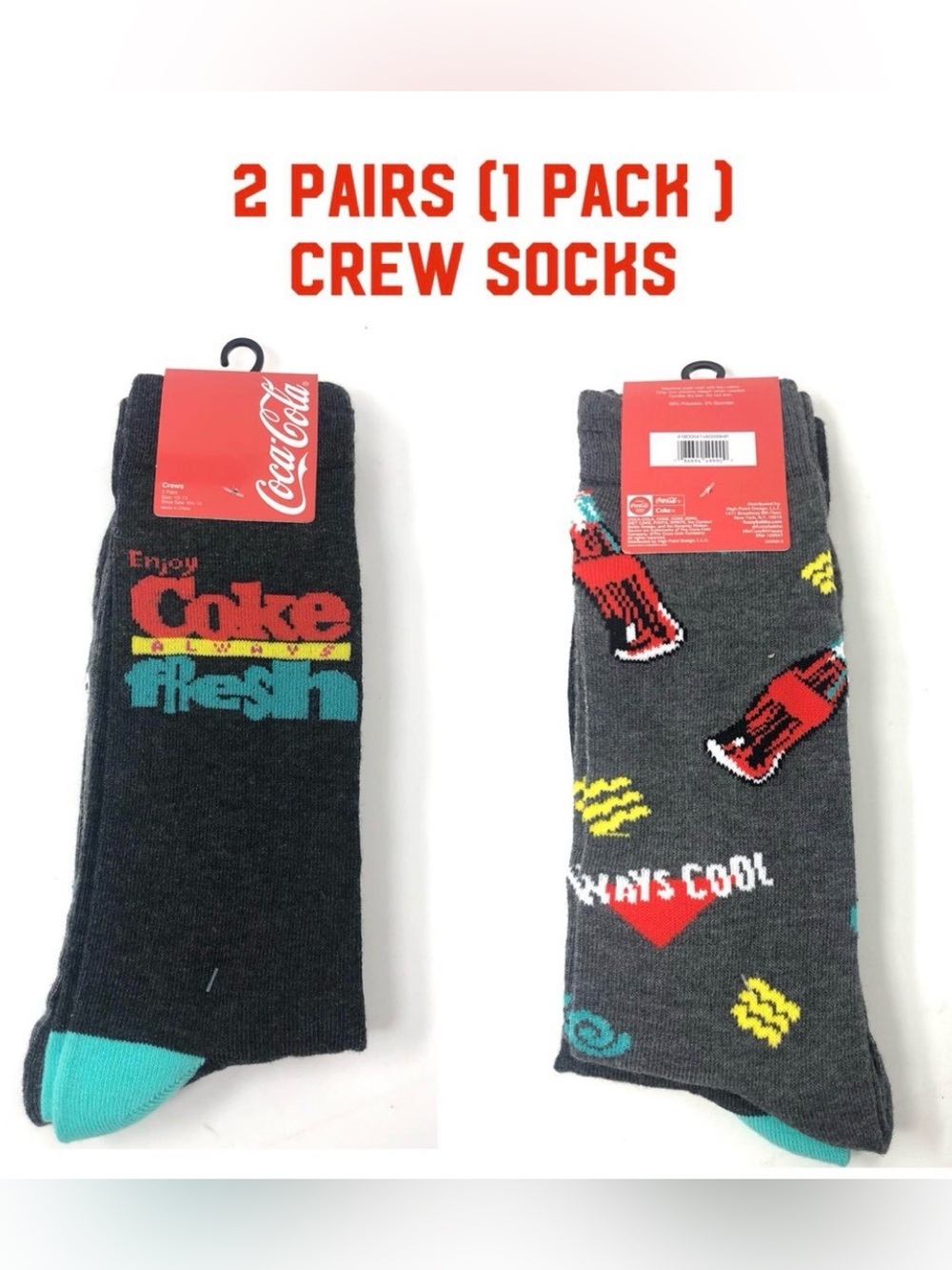 Coca-Cola Enjoy Fresh Coke Always Cool Two Pairs Crew Socks for Men size 10-13